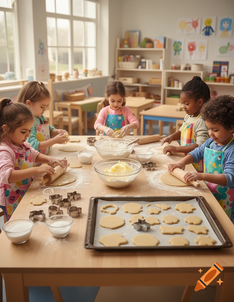 Photorealistic image of five young children in aprons baking cookies together at a wooden table in a brightly lit classroom.