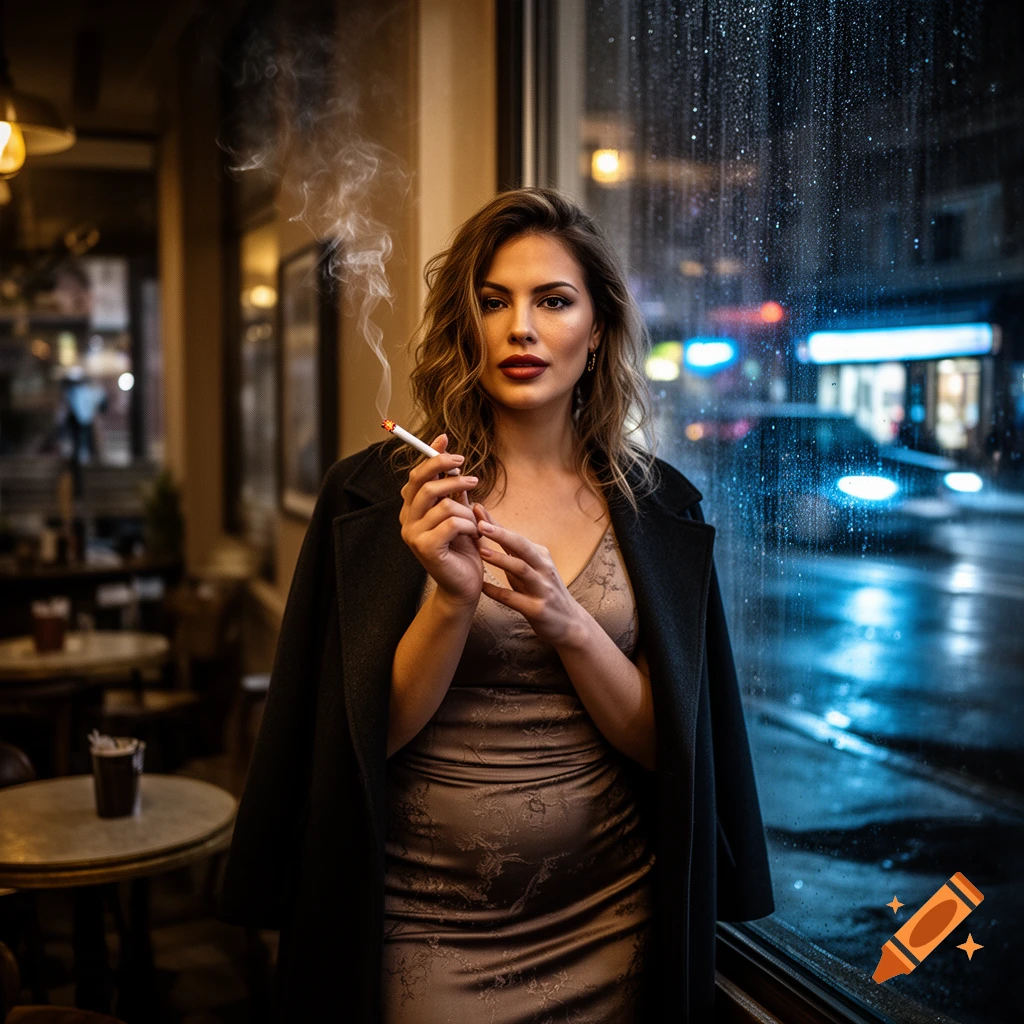 Photorealistic portrait of a woman in a dark coat holding a cigarette, standing inside by a rain-streaked window at night.