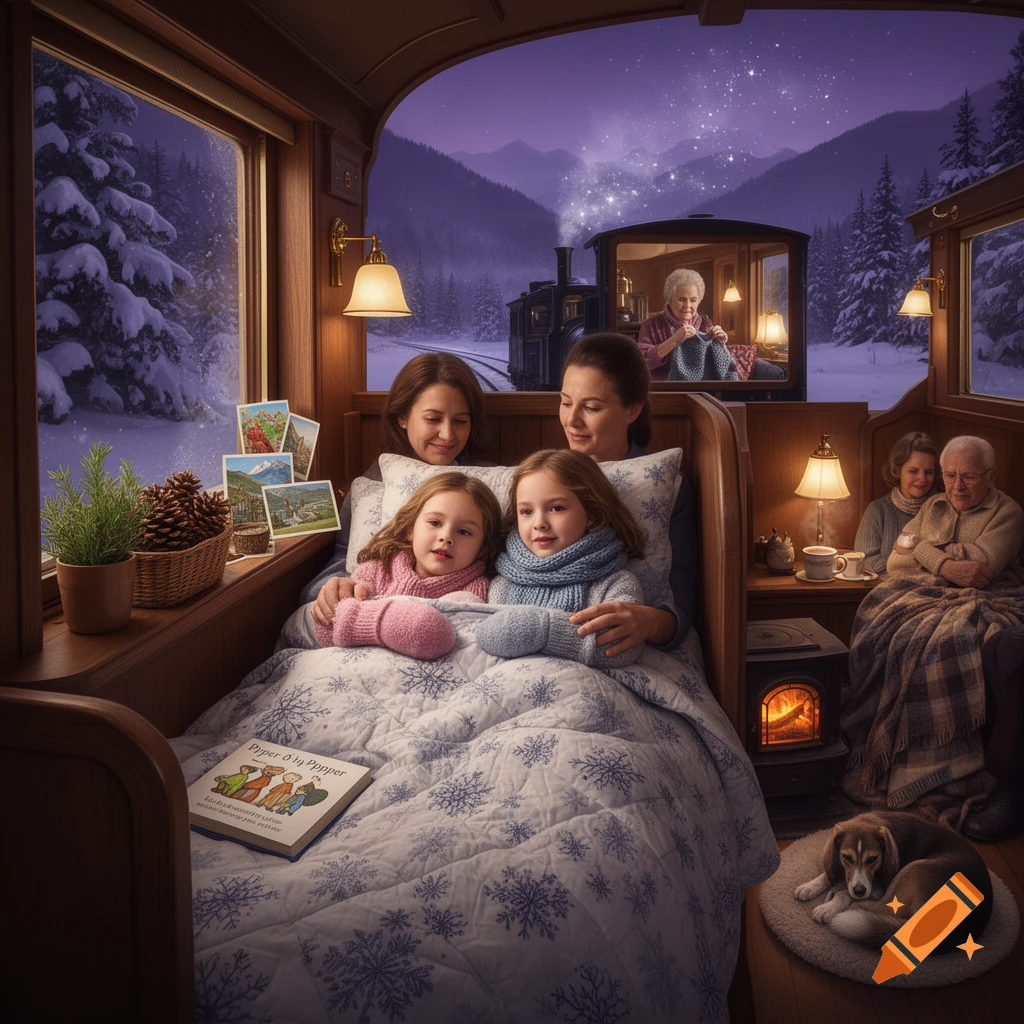 Cozy sleeper car on a magical snowy train with two girls in bed, glowing lamps, and a view of snow-covered mountains.