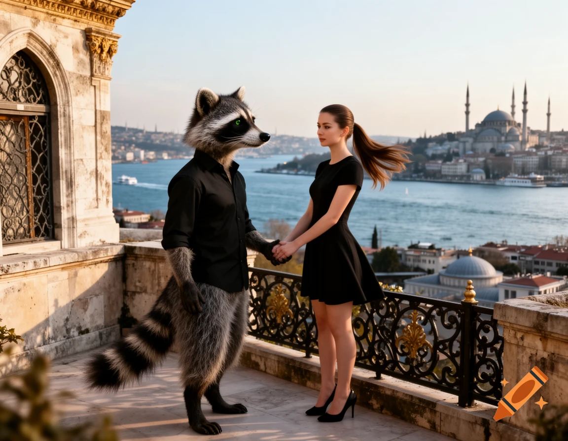 Photorealistic image of an anthropomorphic raccoon in a black shirt holding hands with a young woman in a black dress on a balcony overlooking a city skyline and body of water.