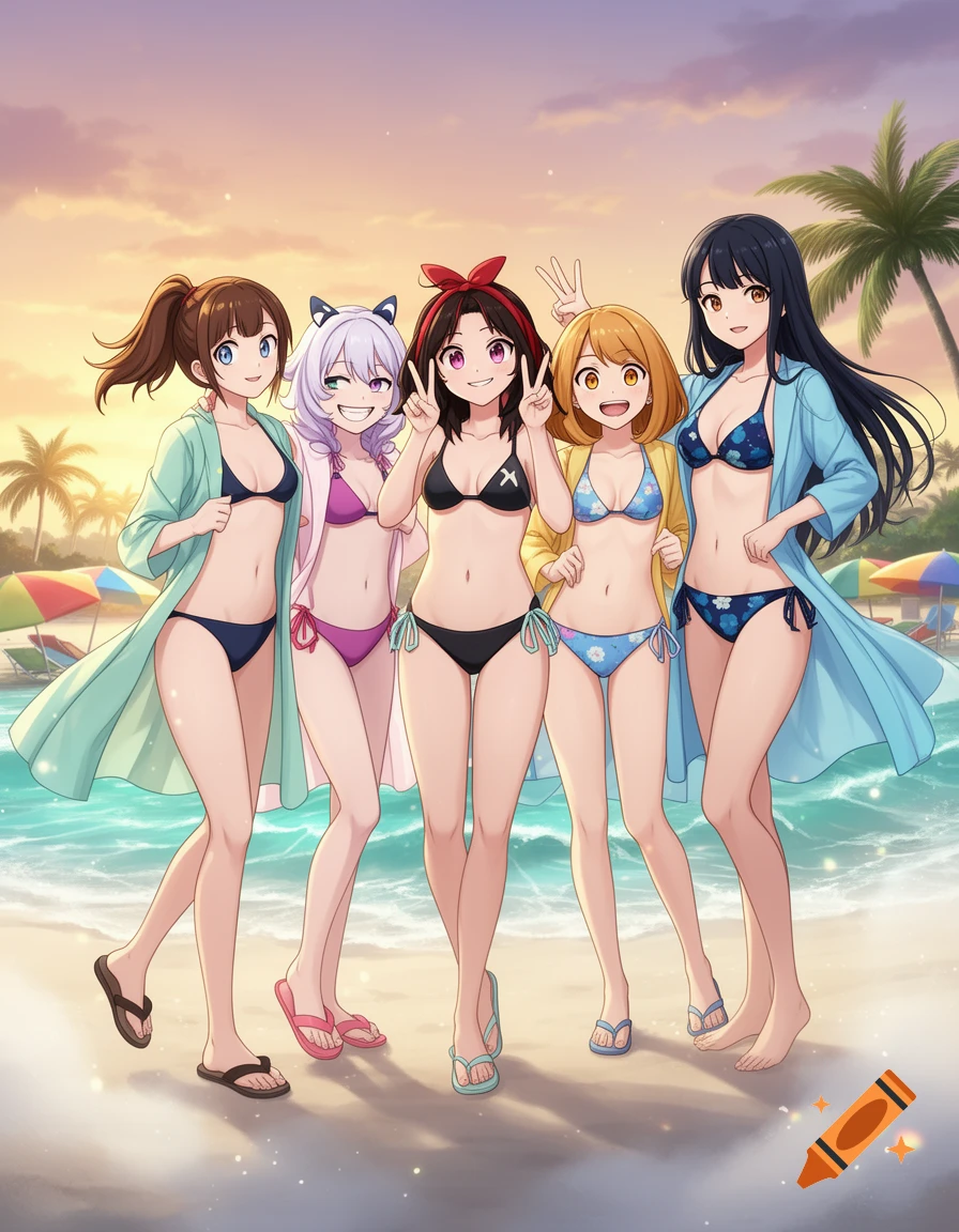 Five anime-style girls in bikinis posing on a sunny beach with palm trees in the background.