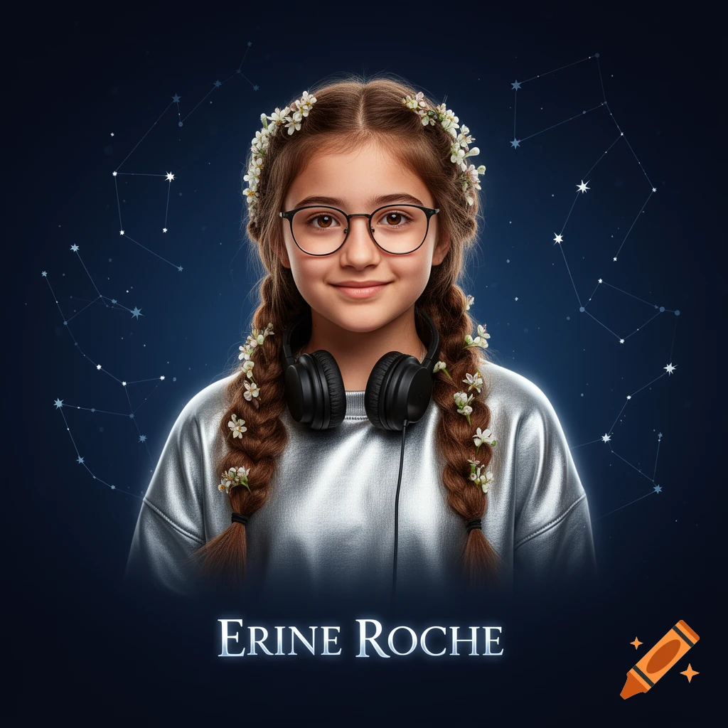 Portrait of a teen girl with brown braided hair, glasses, and headphones, set against a dark blue starry background with constellations.
