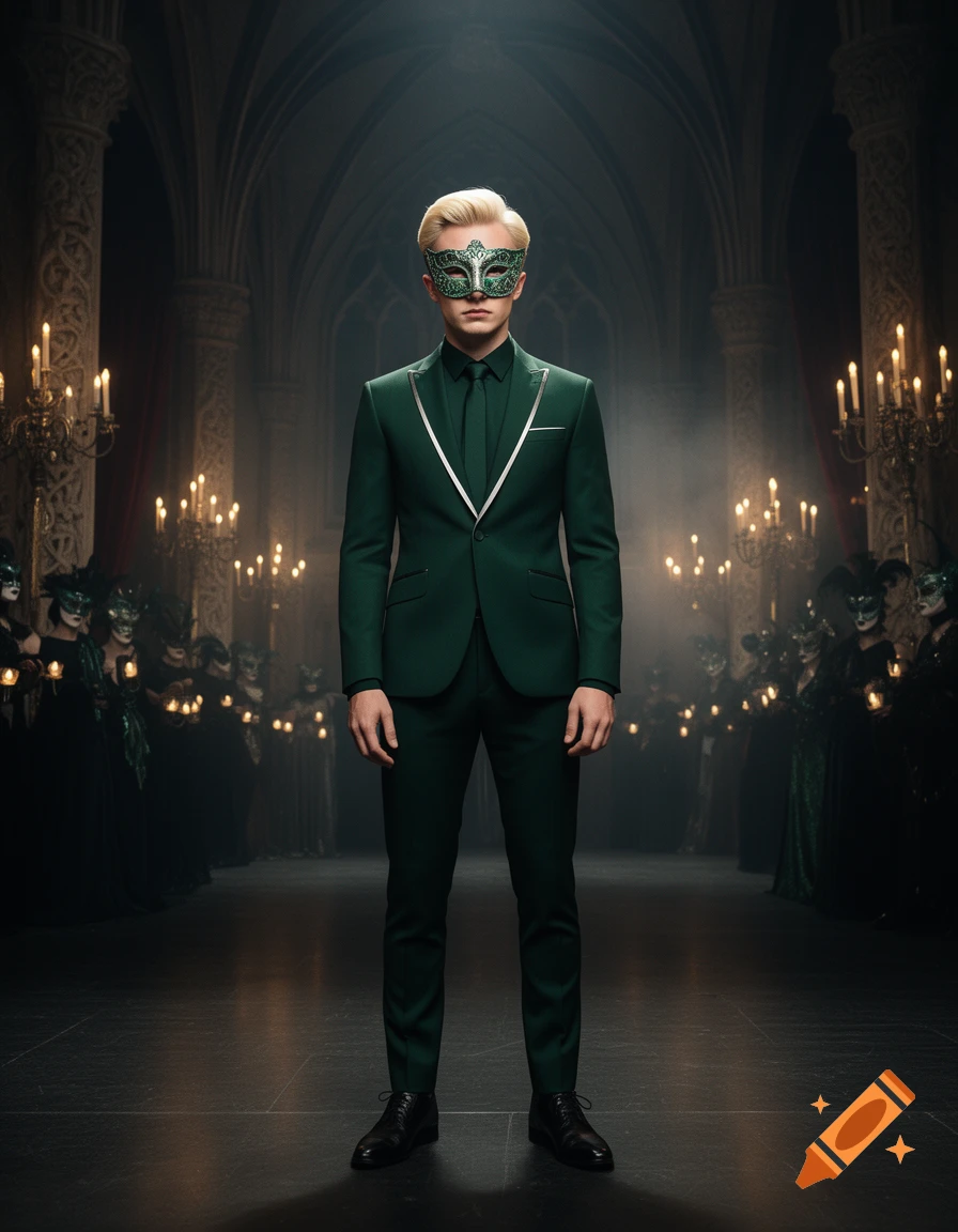 Photorealistic full-body shot of a young man wearing a deep emerald green suit and an ornate green masquerade mask in a gothic ballroom.