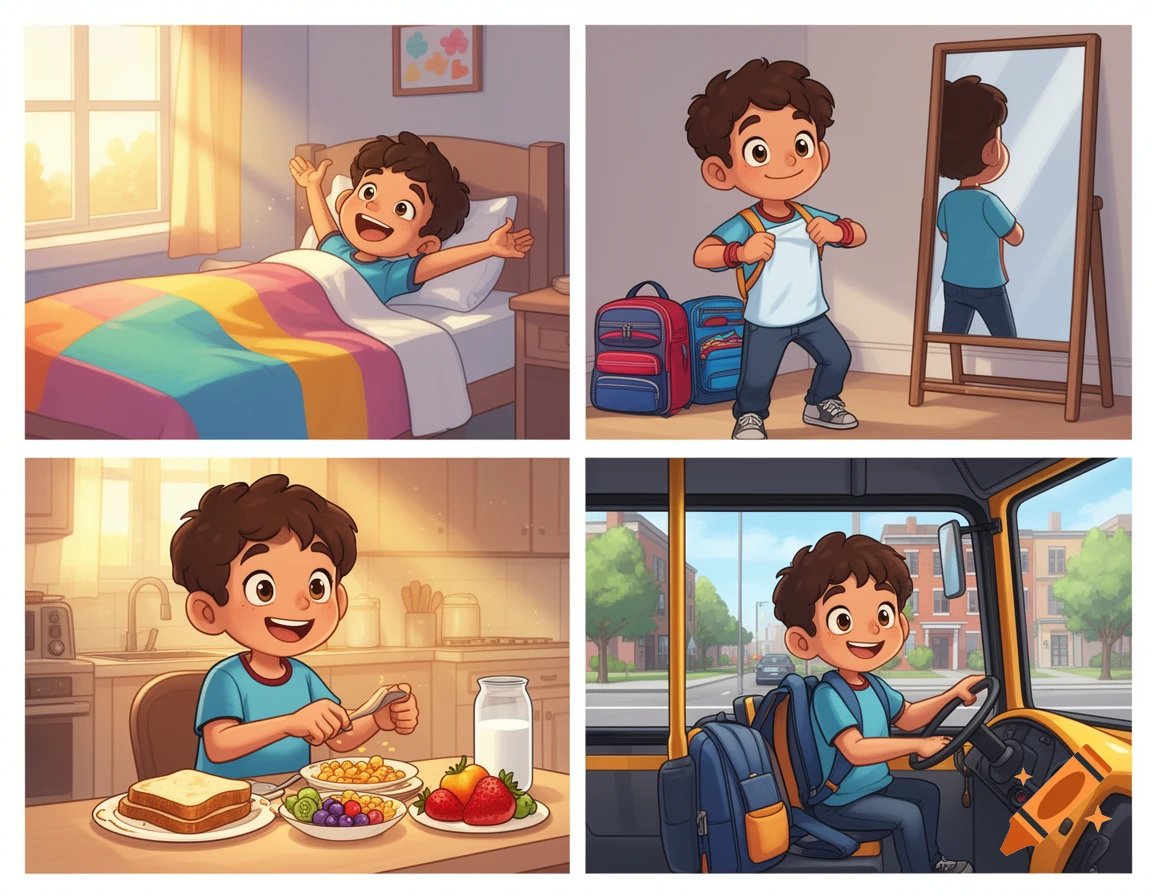 Four-panel cartoon collage of a young boy waking up, getting dressed, eating breakfast, and riding a school bus.