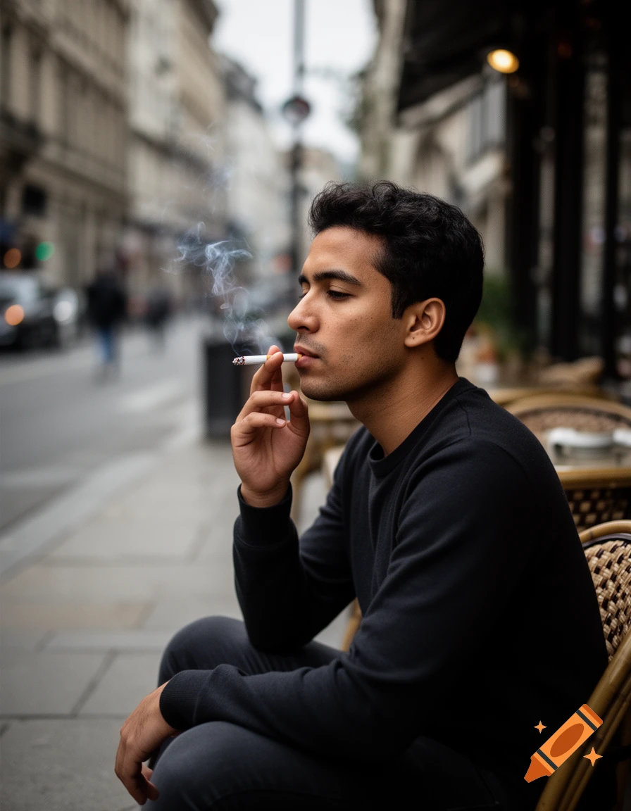 Photorealistic side profile of a man smoking a cigarette sitting at an outdoor cafe in a city.