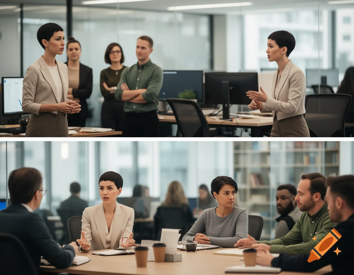 Side-by-side photorealistic images of a short-haired woman leading a business presentation in an office environment with colleagues.