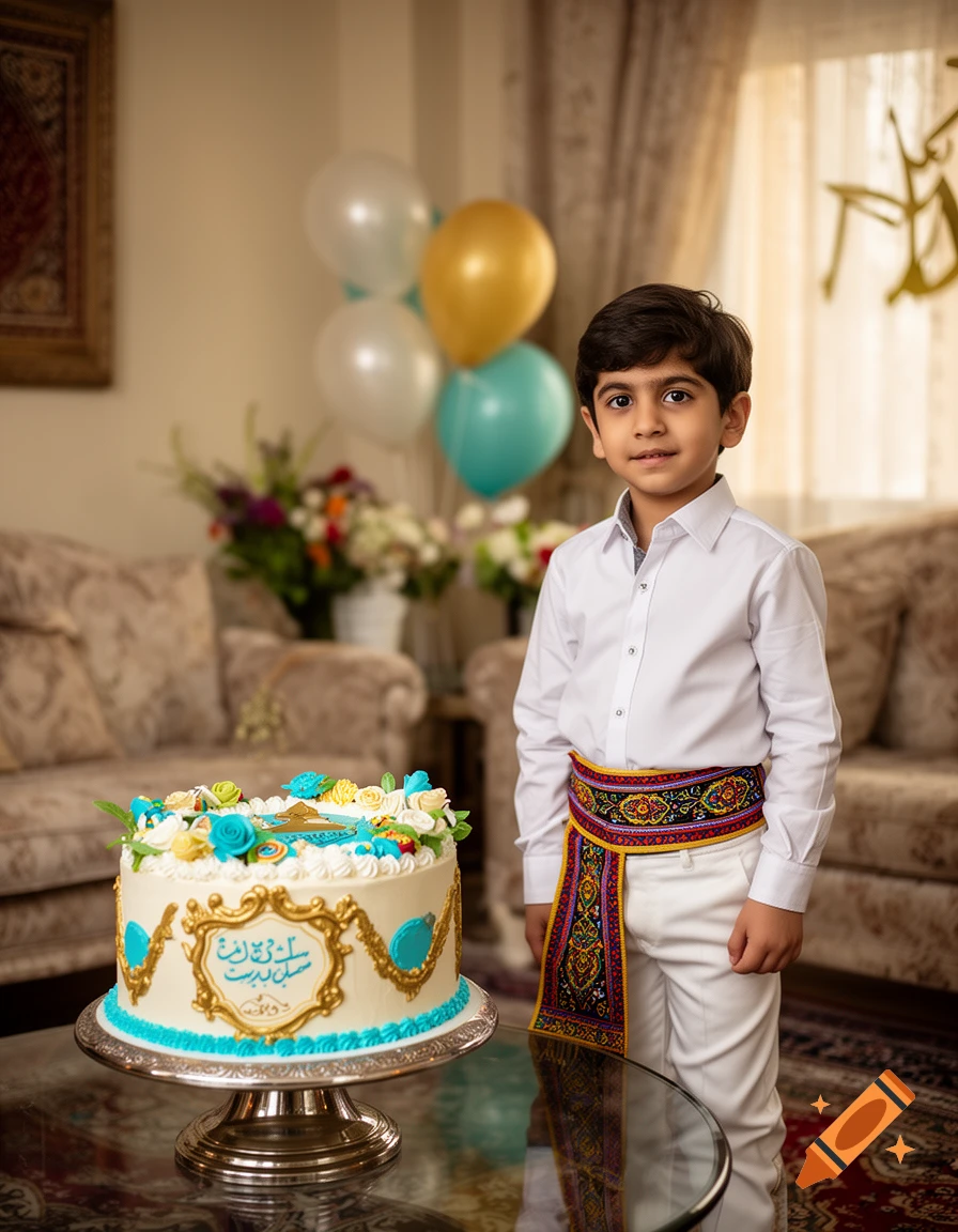 A young boy in a white outfit with a colorful decorative sash standing next to a decorated celebration cake in a living room.
