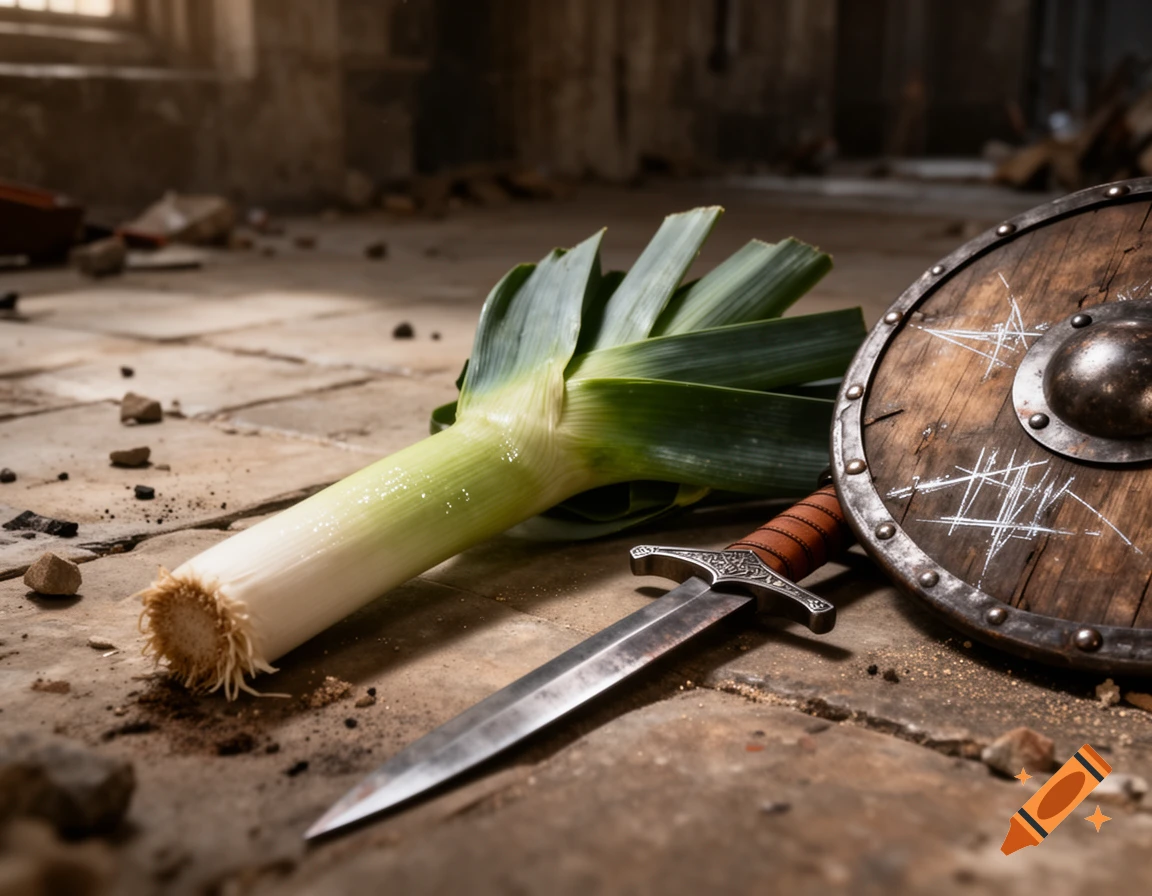 Photorealistic image of a leek lying on a stone floor next to a sword and a round wooden shield.