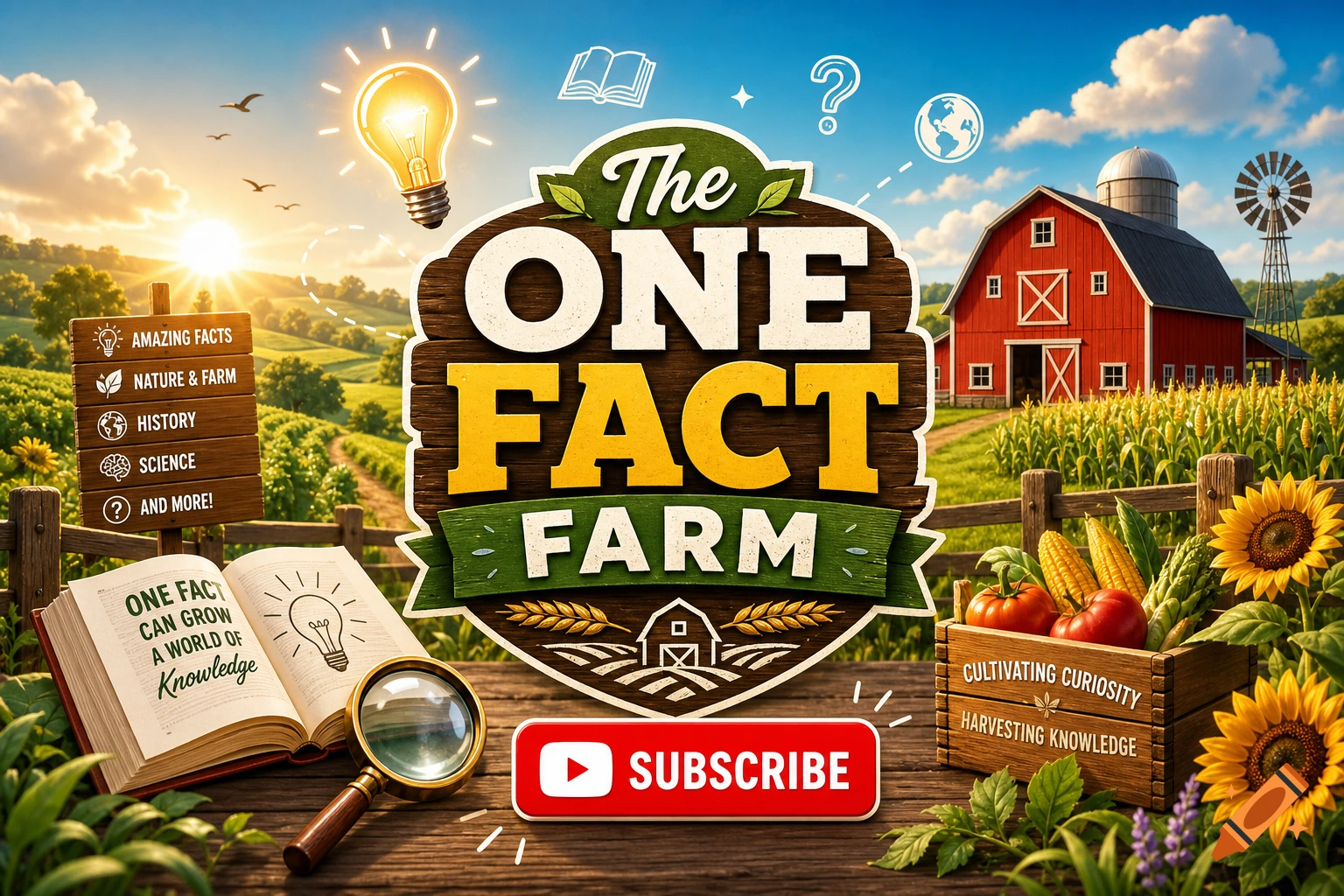 A vibrant YouTube thumbnail with the text 'The One Fact Farm' and a 'Subscribe' button, set against a sunny farm landscape.