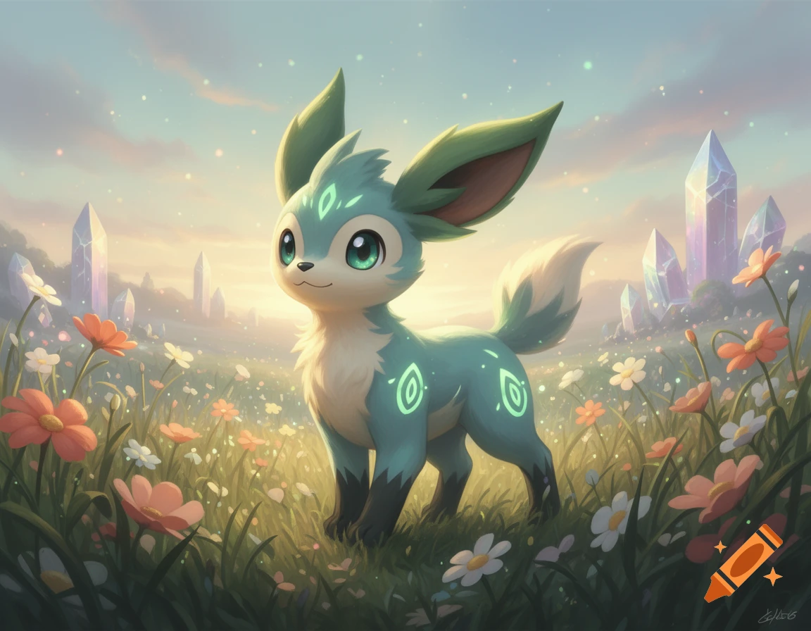 Digital illustration of a fictional creature resembling a blue fox with glowing green markings, standing in a flower field.