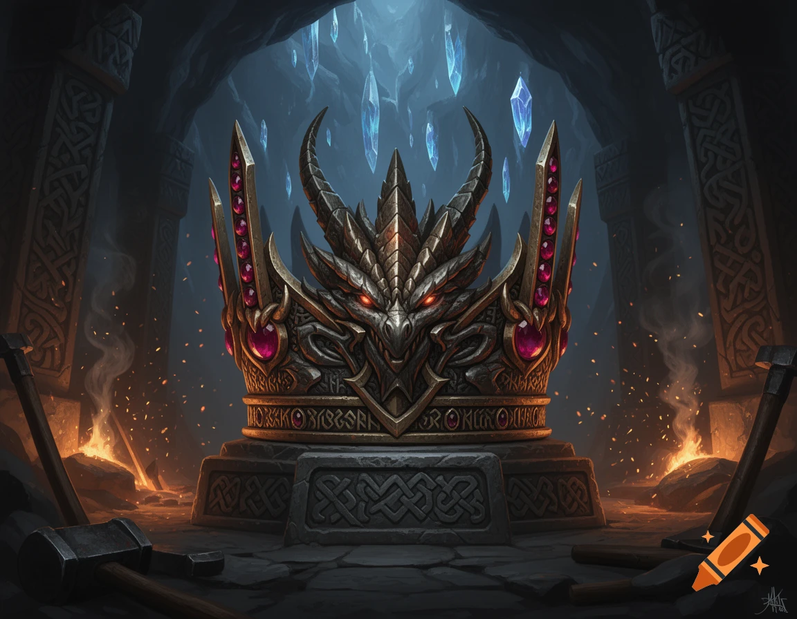 Digital painting of an ornate Dwarven-style crown with a draconic motif and ruby-studded prongs, resting on a stone pedestal in a cave.