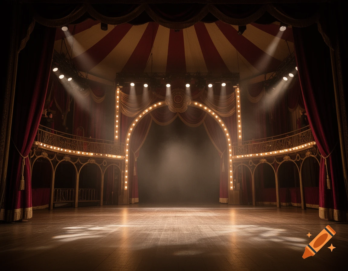 An empty vintage circus stage with red velvet curtains, wooden floor, and dramatic theatrical lighting.