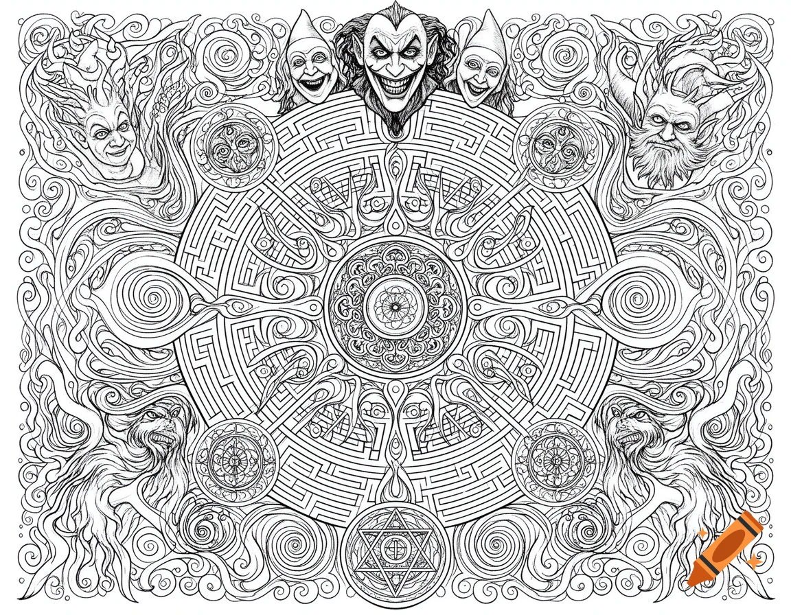 Detailed black and white coloring page with psychedelic patterns, mandalas, and mystical faces.