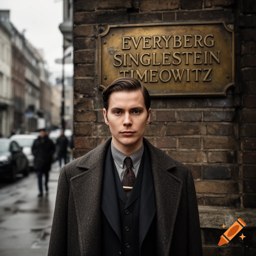 Photorealistic portrait of a man in a vintage coat standing in front of a plaque with text in a city street.
