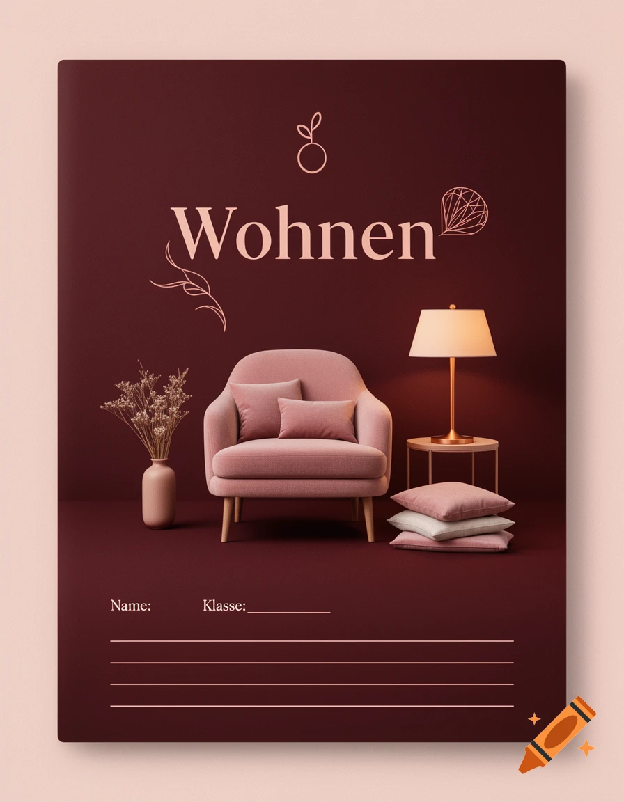 Modern dark red and pink cover design featuring the German word Wohnen, a cozy armchair, lamp, and writing lines at the bottom.