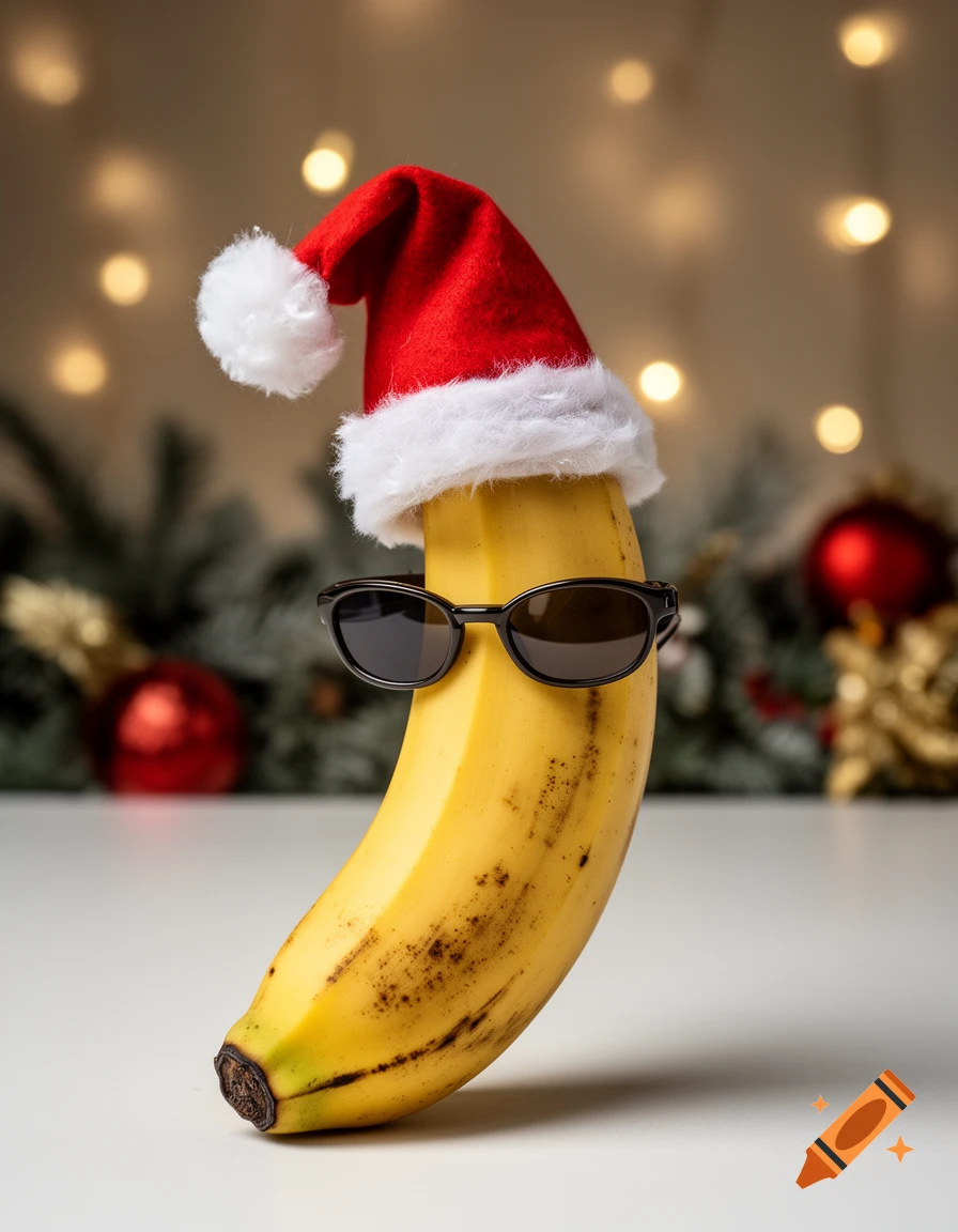 A ripe banana wearing sunglasses and a red and white Santa hat on a white surface against a blurred festive background.