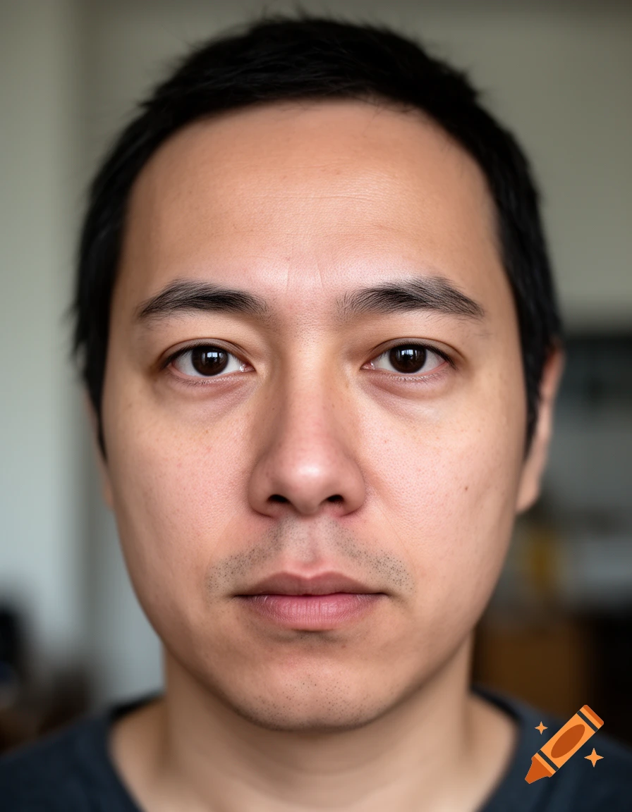 Close-up photorealistic portrait of an Asian man with short dark hair looking directly at the camera.