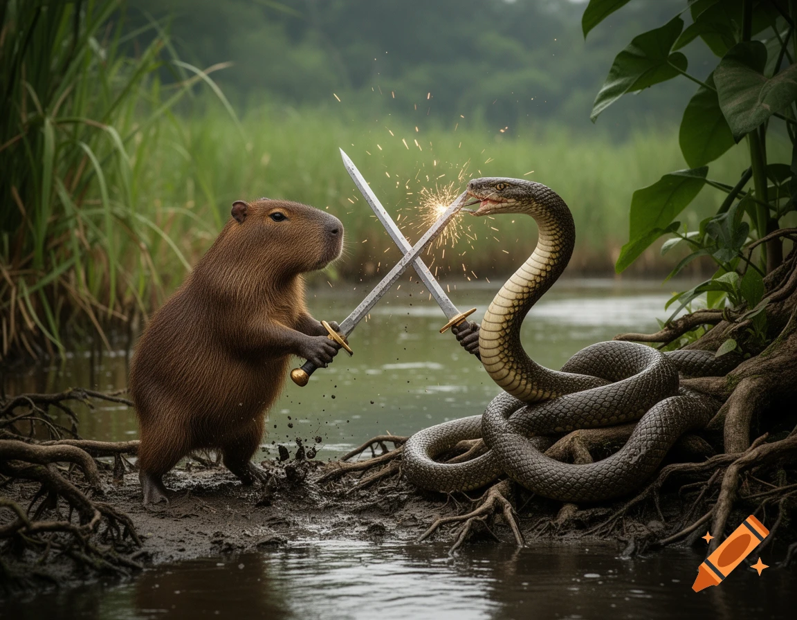 A photorealistic capybara and a snake duel with swords on a muddy riverbank, sending sparks flying.
