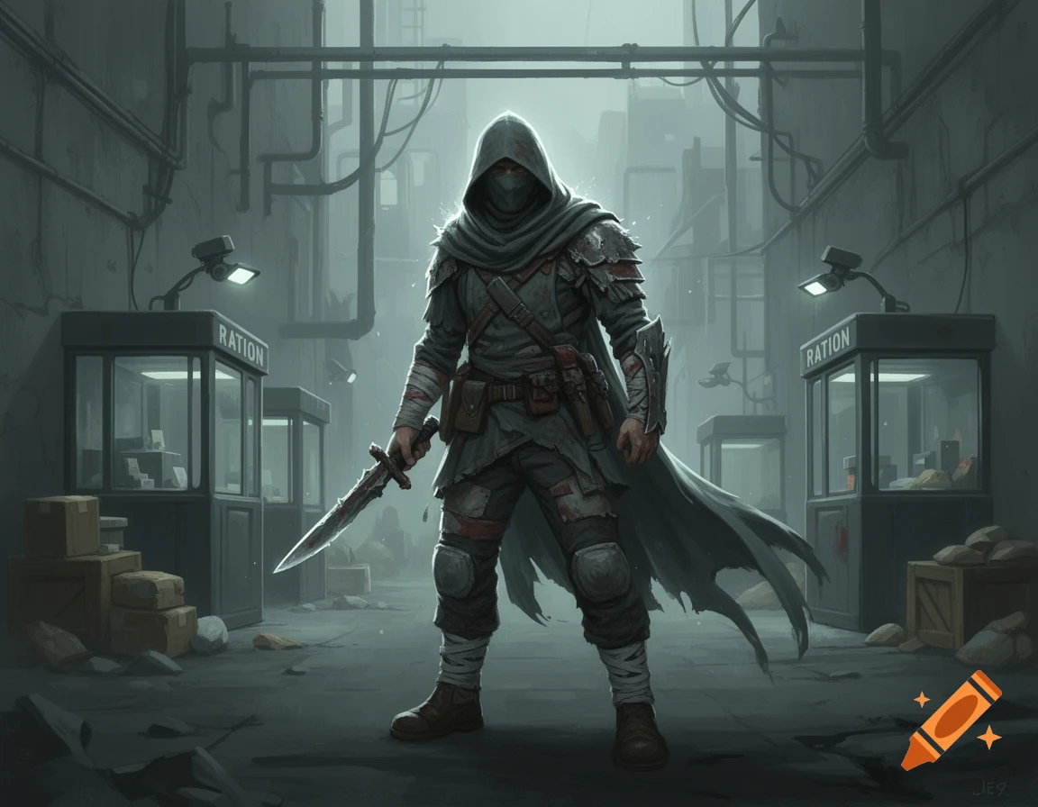 Concept art of a hooded rebel survivor in a dystopian sci-fi alleyway, holding a blade, in video game style.