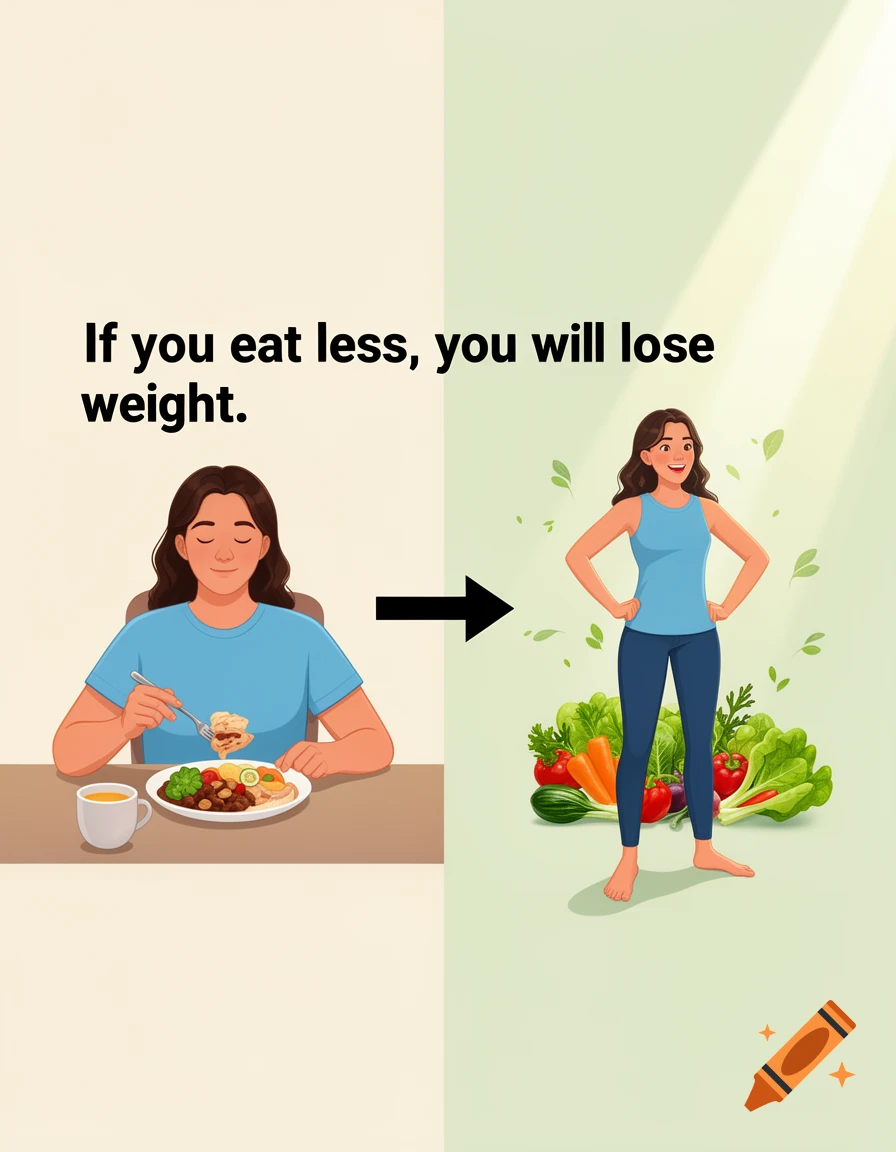 Digital illustration split into two scenes showing weight loss progress, featuring a person eating food and a healthier person surrounded by vegetables.