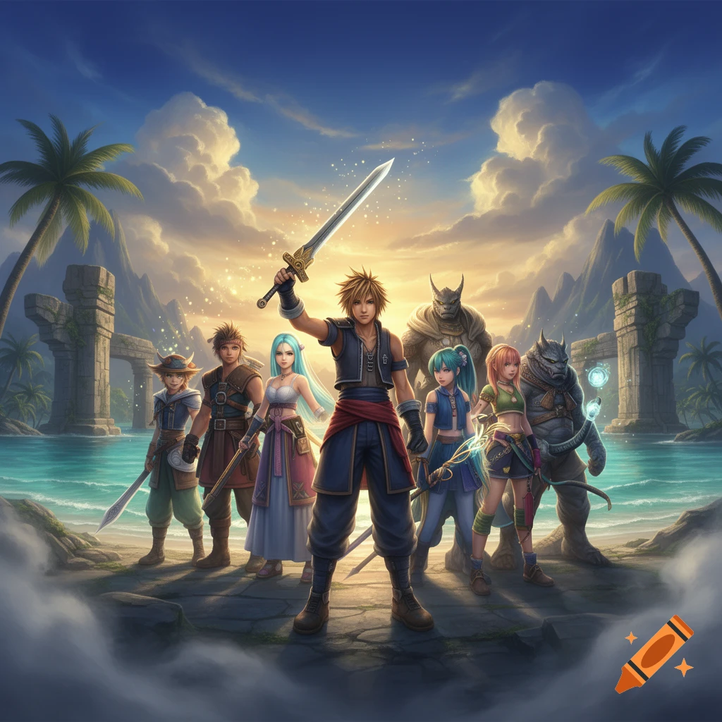 Digital illustration of seven fantasy heroes standing on a stone path before a beach and ruins at sunset.