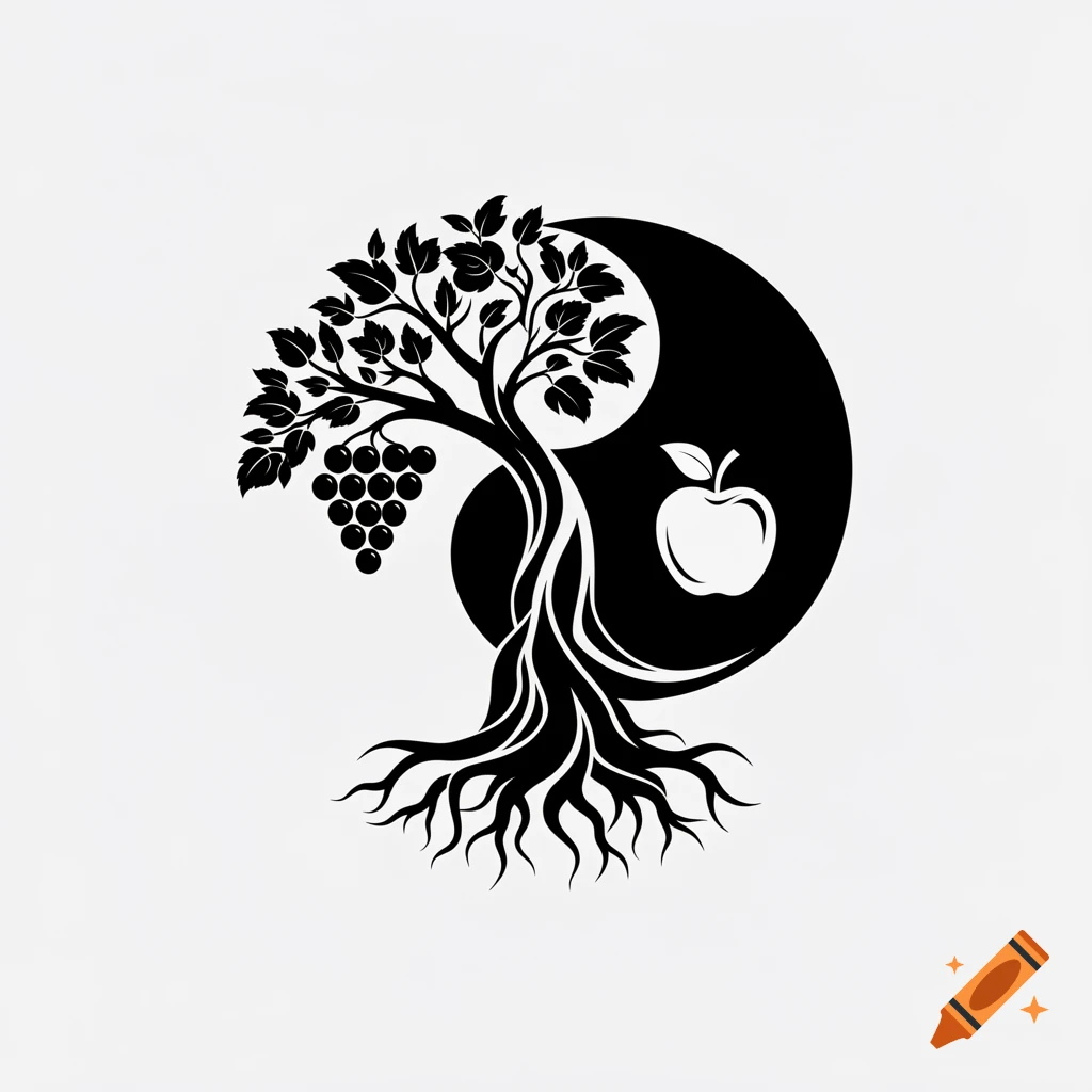Black and white stylized vector graphic combining a tree with roots, a yin yang symbol, a bunch of grapes, and an apple.