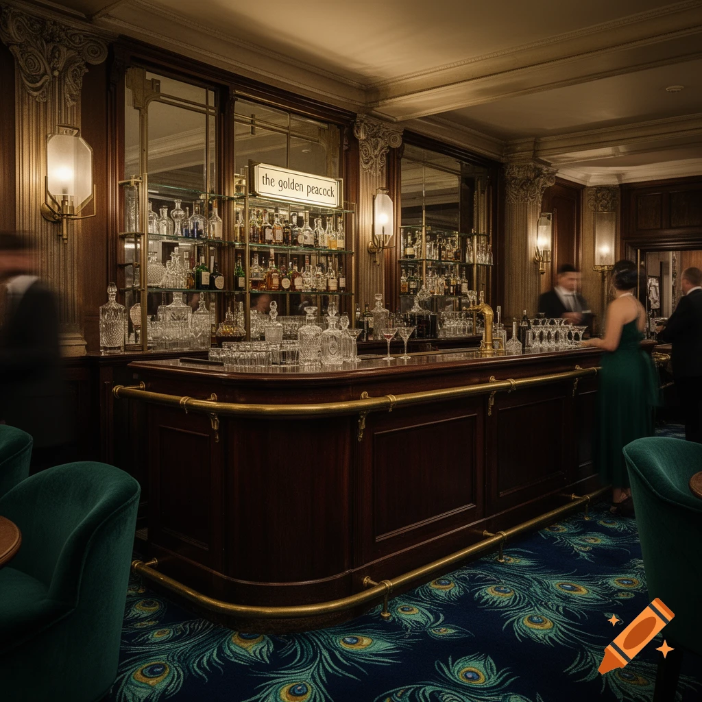 Photorealistic 1920s London bar interior with a dark wooden counter, illuminated shelves of liquor bottles, and peacock feather pattern carpet.