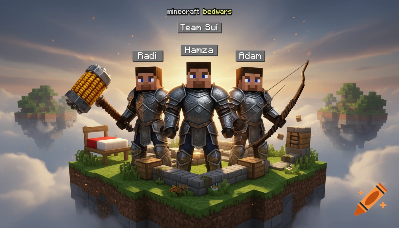 3D render of three Minecraft Steve characters in iron armor on a floating bedwars island in the clouds.