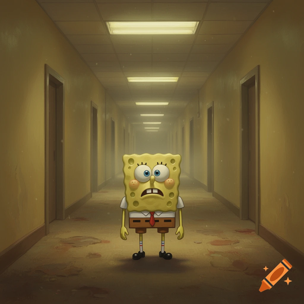 SpongeBob SquarePants standing nervously in the center of an empty, dimly lit retro hallway with yellow walls.
