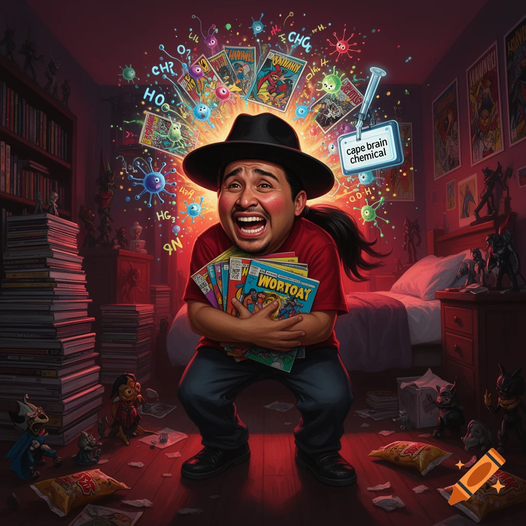 Comic book style illustration of a laughing man hugging a stack of comic books in a messy bedroom with floating science diagrams.