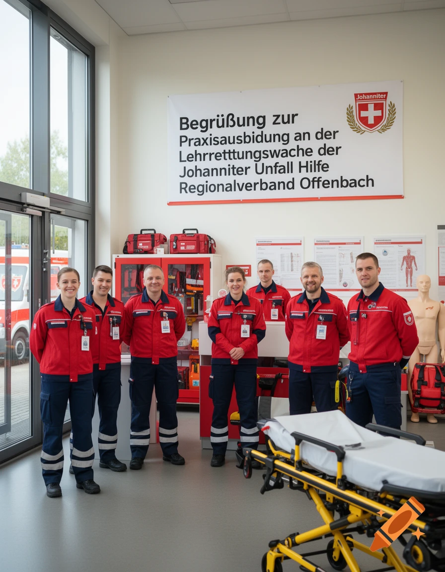 A group of seven emergency medical service workers in red and blue uniforms posing inside a station with a stretcher in the foreground.
