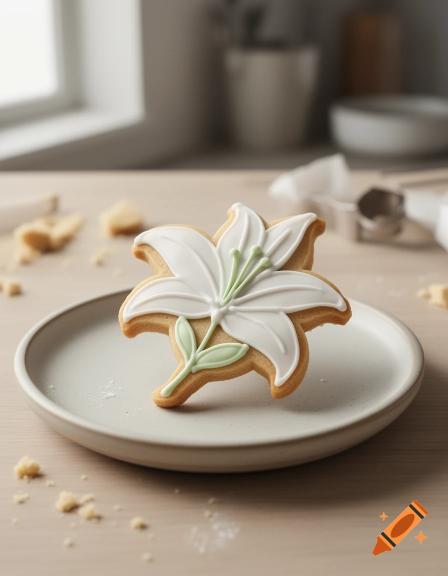 Photorealistic white lily flower-shaped cookie decorated with white and green royal icing, resting on a small grey plate on a wooden table.