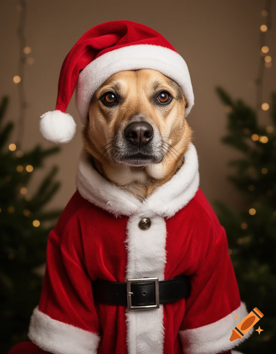 Photorealistic portrait of a brown dog wearing a Santa Claus hat and coat, looking at the camera.