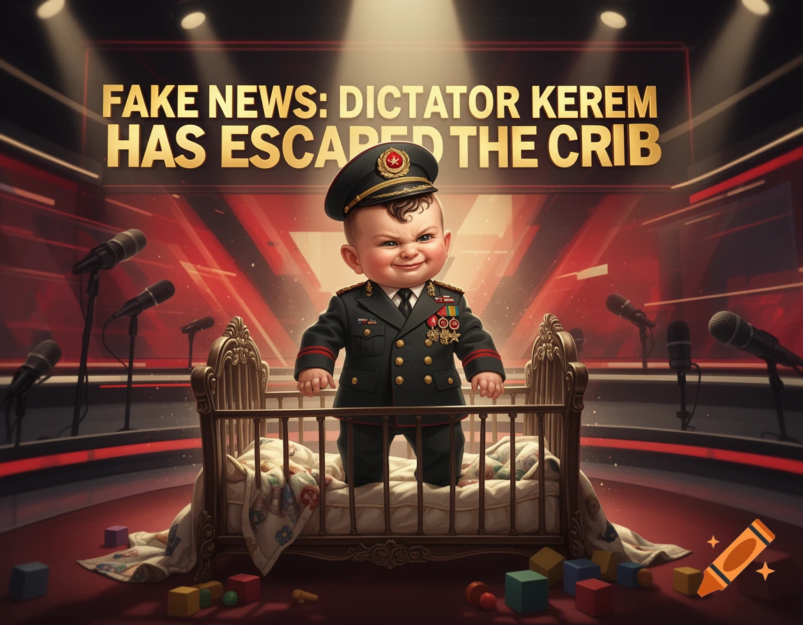 A baby in a military dictator suit standing inside a crib in a news studio with bold text reading 'FAKE NEWS: DICTATOR KEREM HAS ESCAPED THE CRIB'.