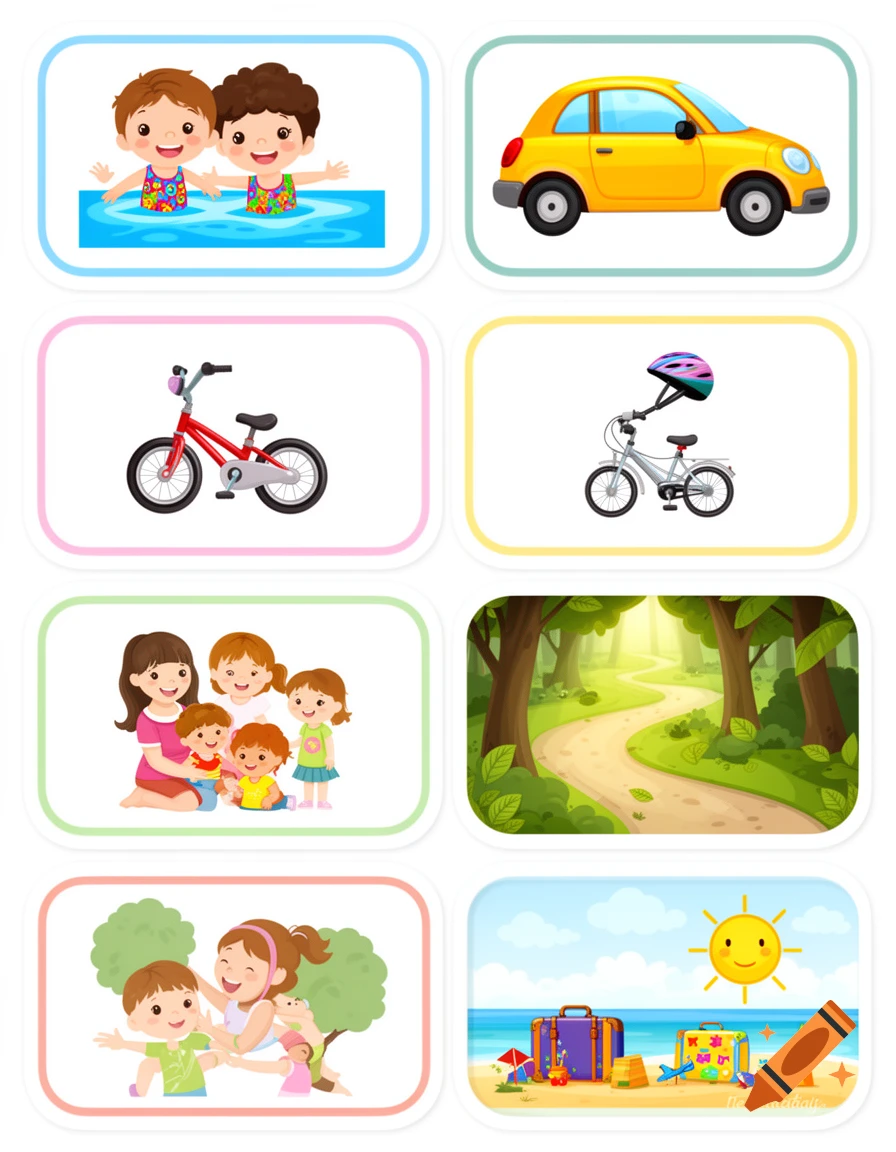 Colorful vector illustrations arranged as cut-out labels showing children swimming, cars, bicycles, family, forest path, and beach vacation.