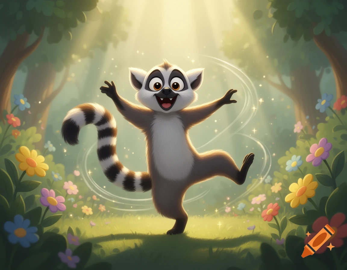 A cheerful lemur with a striped tail dancing in a sunny, flower-filled forest, digital illustration style.