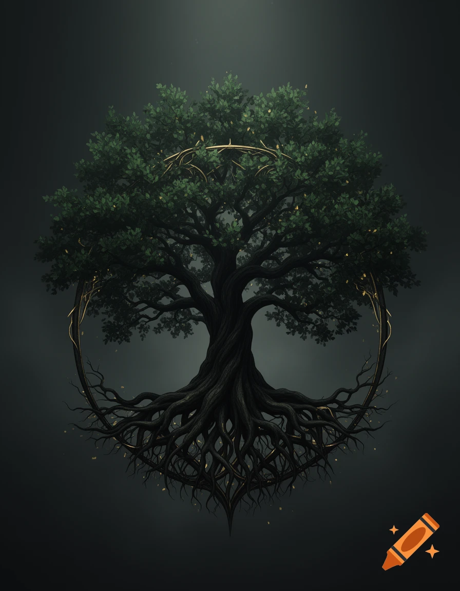 Digital concept art of a majestic ancient tree with a dark trunk, vibrant green canopy, and golden accents forming a circular halo.