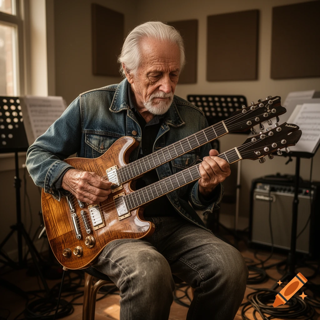 Photorealistic portrait of an elderly man with white hair and beard playing a double-neck electric guitar in a music studio.