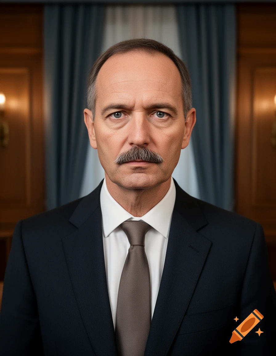 Photorealistic portrait of a middle-aged man in a dark suit, white shirt, and brown tie, wearing a small mustache.