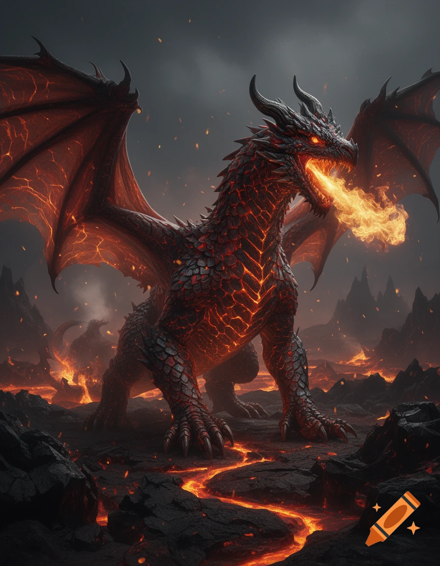 A massive black and red fire dragon exhaling flames in a volcanic landscape.