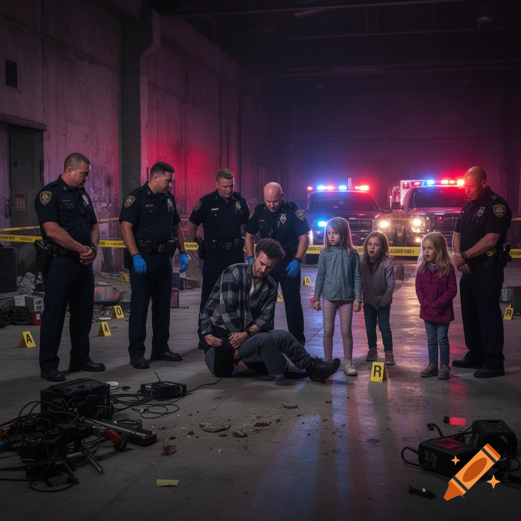 Photorealistic scene of police officers surrounding a kneeling man and three children in a dark industrial warehouse.