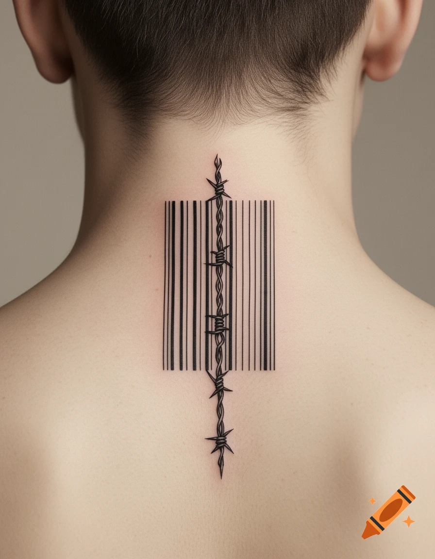 Close-up photorealistic shot of a person's neck and upper back featuring a fine-line black ink tattoo of a barcode made of barbed wire.