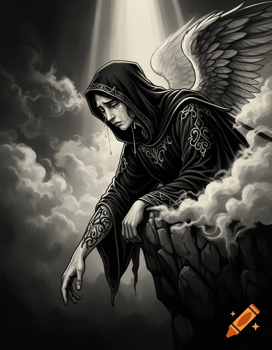 Black and white fantasy illustration of a weeping hooded angel with wings, perched on a rocky cliffside amidst clouds.