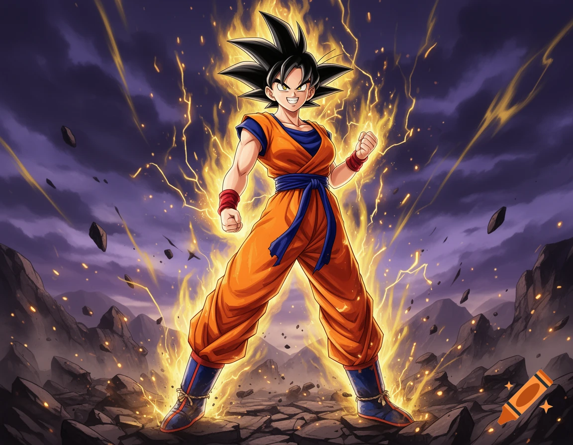 Anime style illustration of a powerful character in martial arts gi, surrounded by glowing yellow energy and lightning against a dark sky.
