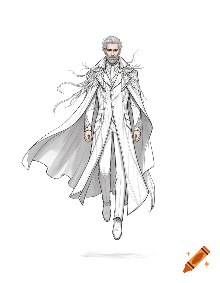 Minimalist fashion sketch of a middle-aged man with a graying beard, wearing an elaborate white coat and cape while levitating.