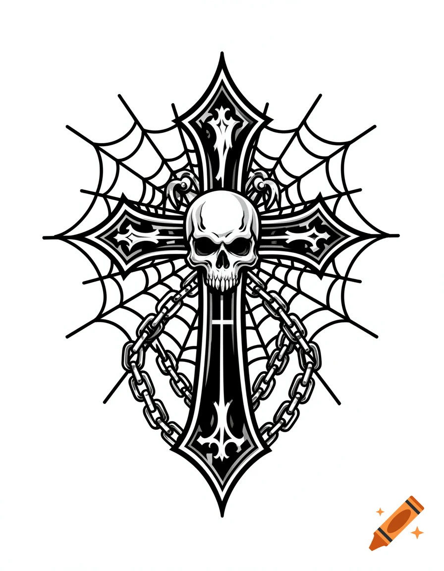 Black and white tattoo design featuring a skull in the center of an ornate cross, surrounded by spider webs and chains.