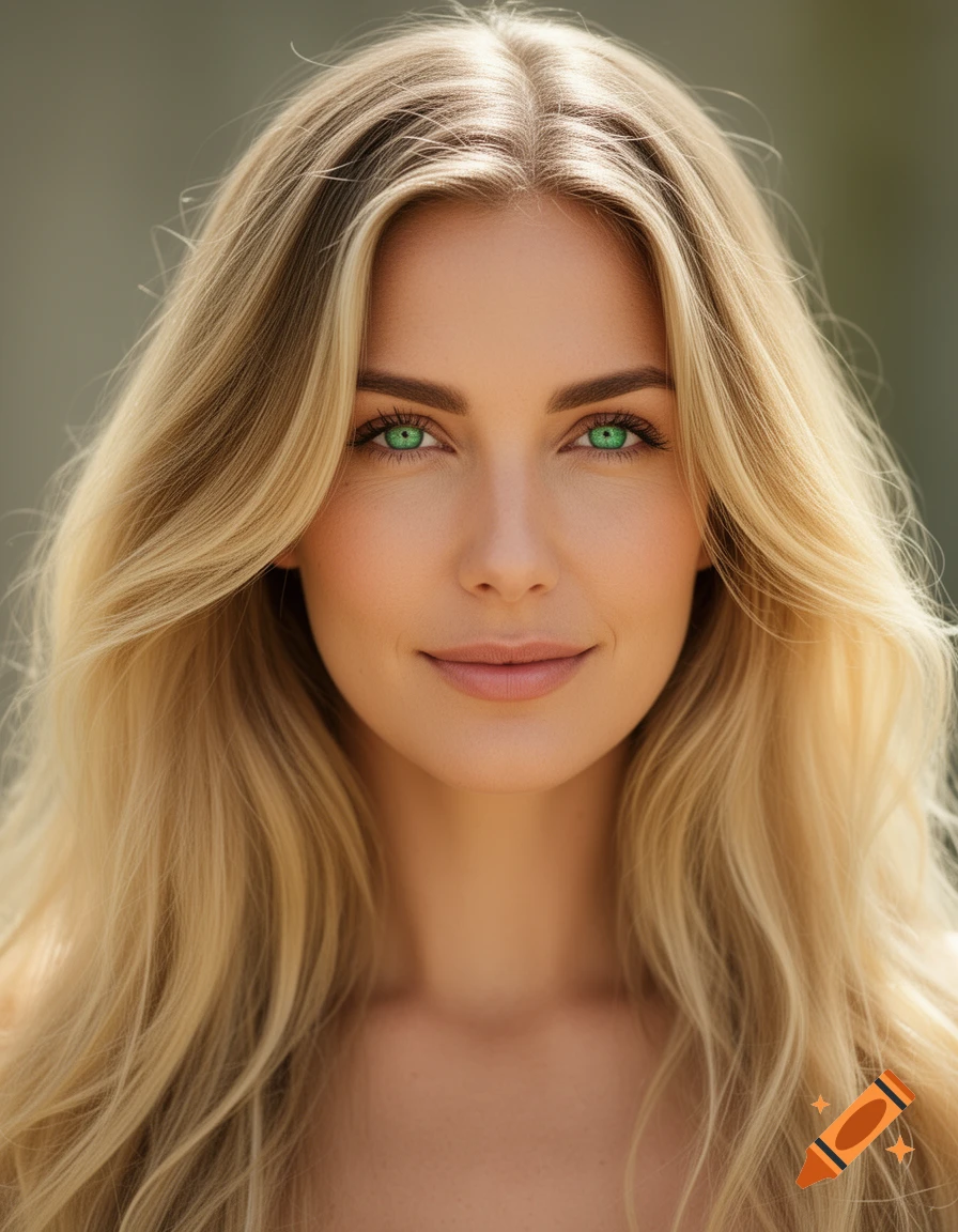 Close-up portrait of a woman in her 30s with long blonde hair and vibrant green eyes, photorealistic style.
