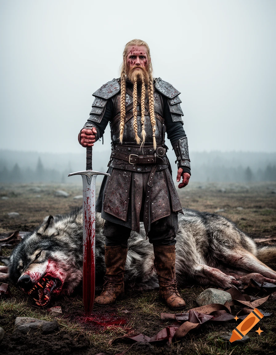 Photorealistic image of a blond Viking warrior with braided beard standing over a massive slain wolf on a foggy field, holding a bloodied sword.