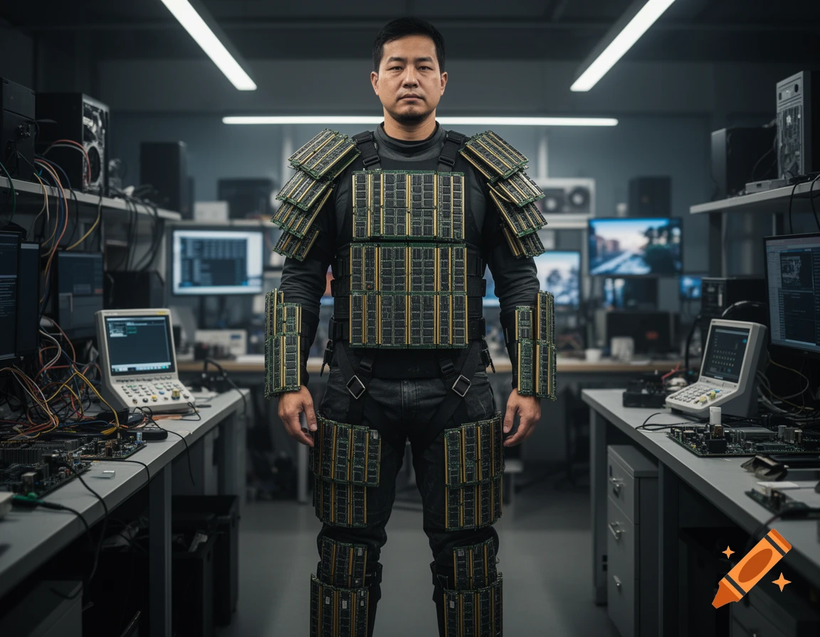 Photorealistic image of a man standing in a laboratory wearing full-body armor made of computer RAM modules.