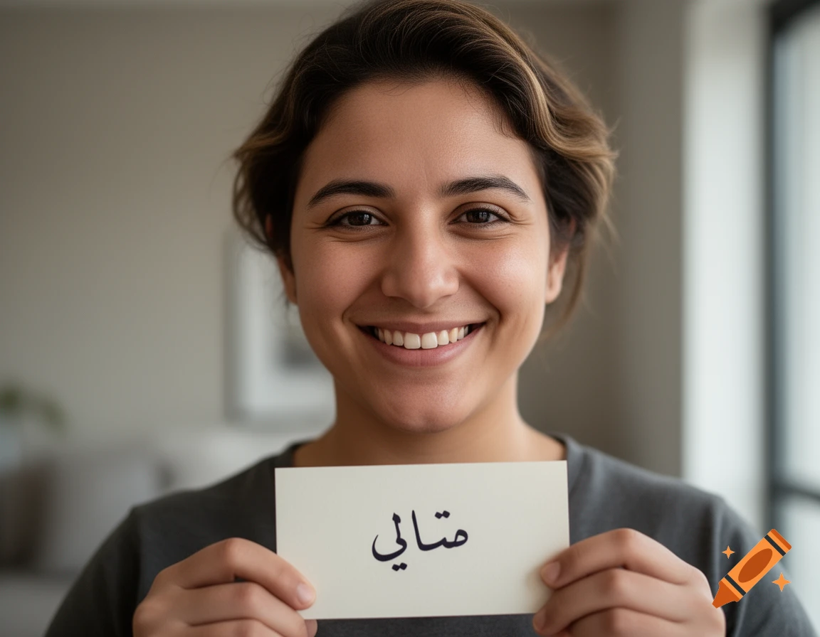Close-up photorealistic portrait of a smiling woman holding a small paper sign with Arabic text.